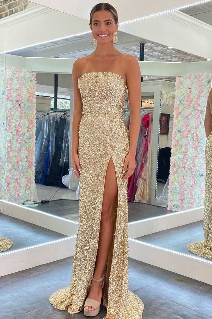 Hot Gold Sequin Prom Dresses Strapless Mermaid Formal Dresses – MyChicDress